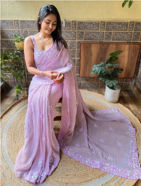 Mitera Lavender Ethnic Motifs Embroidered Sequinned Detailed Pure Georgette Saree