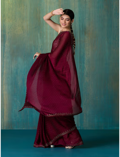 Wine Satin Solid Embellished and Sequined Saree with Unstitched Blouse