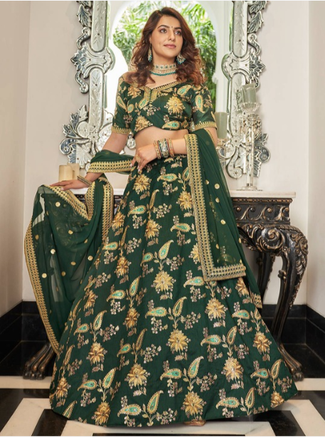 Green & Gold-Toned Embroidered Semi-Stitched Lehenga & Unstitched Blouse Set