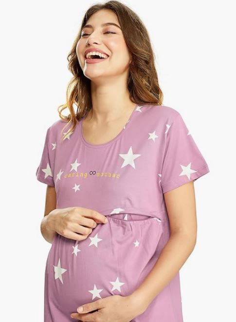 LOTIK Women's Cotton Star Printed Maternity & Feeding Calf Length Short Nighty