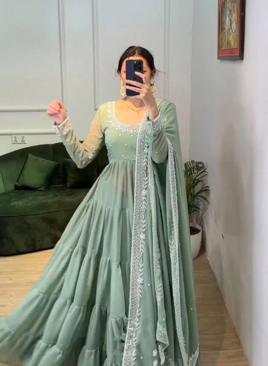 Pista Green Color Ruffle Style Anarkali Gown