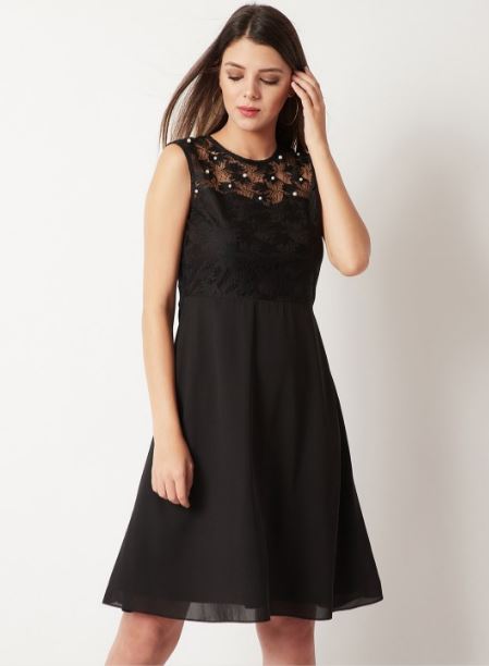 Black Solid Fit And Flare Dress