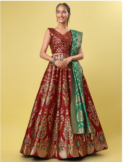 Jacquard Woven Design Stitched Lehenga & Unstitched Blouse with Dupatta - Maroon