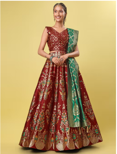 Jacquard Woven Design Stitched Lehenga & Unstitched Blouse with Dupatta - Maroon