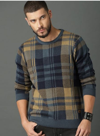 Roadster Men Grey & Brown Checked Pullover Sweater