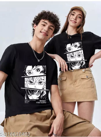 THALASI Anime Printed Oversized Couple T shirt for Men & Women - Black T shirt for Men & Women