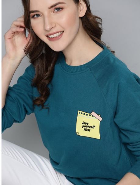 Mast & Harbour Women Teal Green Printed Detail Sweatshirt