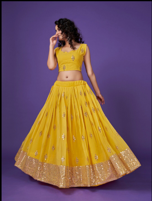 Yellow Sequanece Embroidered Georgette Haldi Wear Lehenga Choli