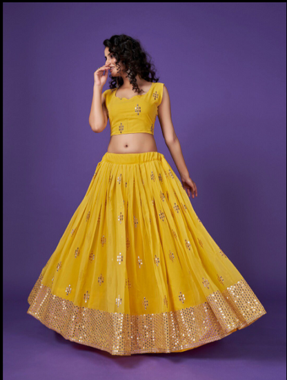 Yellow Sequanece Embroidered Georgette Haldi Wear Lehenga Choli