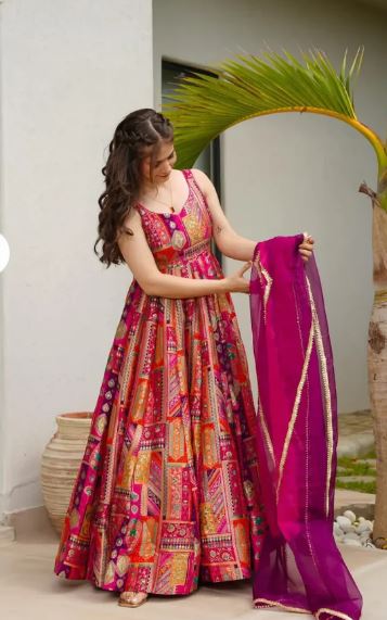 Vanya Pink Multicolor Jimmy Organza Silk Gown Set