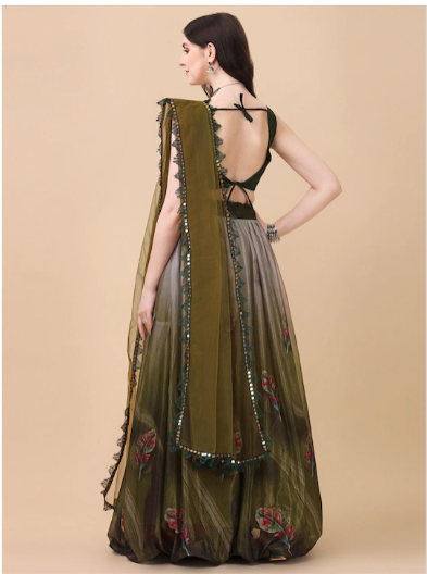 Amrutam Fab Olive Green & Black Semi-Stitched Lehenga & Unstitched Blouse With Dupatta