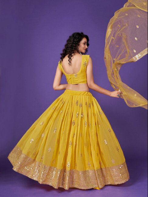 Yellow Sequanece Embroidered Georgette Haldi Wear Lehenga Choli