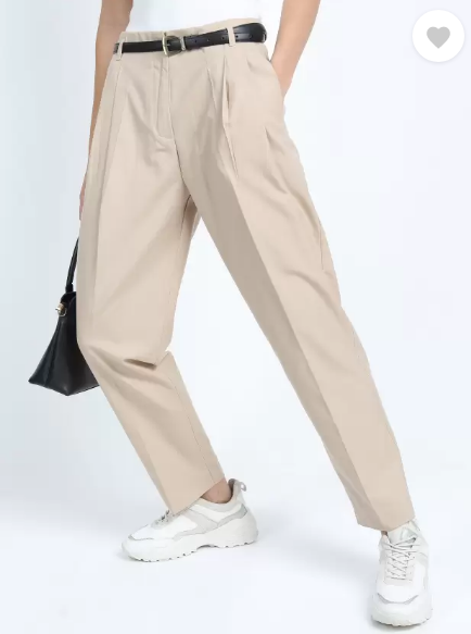 Women Regular Fit Beige Cotton Blend Trousers