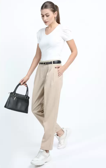 Women Regular Fit Beige Cotton Blend Trousers