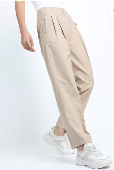 Women Regular Fit Beige Cotton Blend Trousers