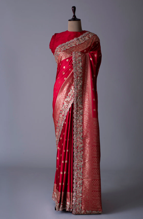 Crimson Red Zari Woven Satin Silk Saree