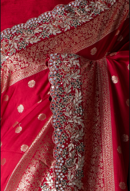 Crimson Red Zari Woven Satin Silk Saree