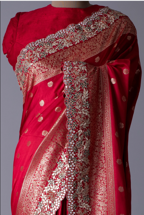 Crimson Red Zari Woven Satin Silk Saree