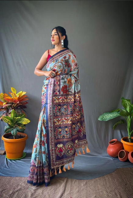 Sky Blue Cotton Kalamkari Saree For Women