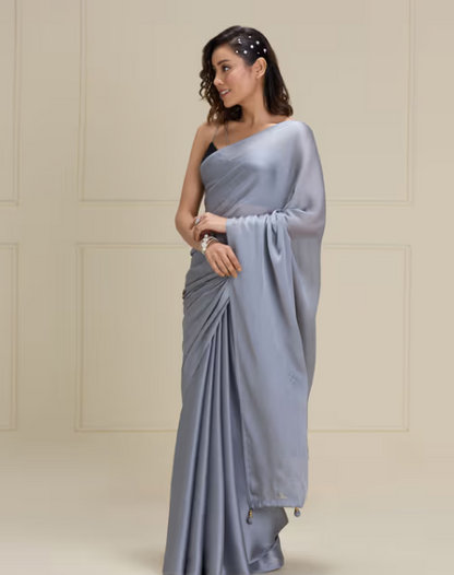 Grey Georgette Solid-Plain with Tassels Party Wear Saree with Unstitched Blouse