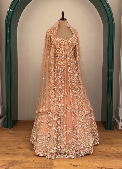 Peach Quartz Sequins Embroidered Net Jacket Lehenga