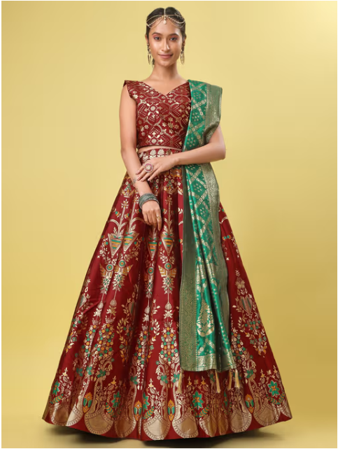 Jacquard Woven Design Stitched Lehenga & Unstitched Blouse with Dupatta - Maroon