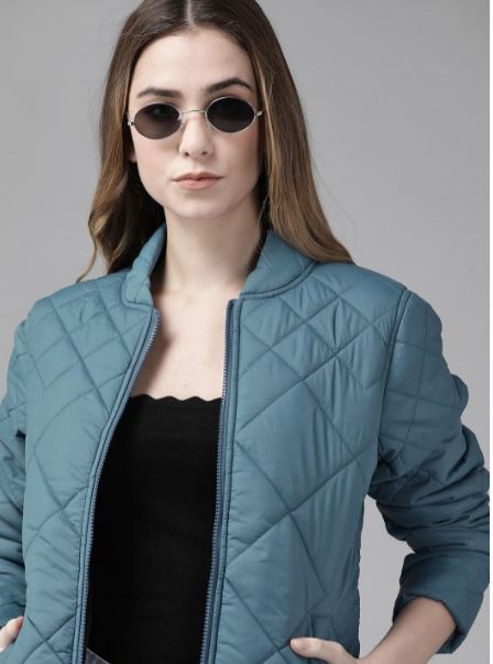 Women Teal Blue Solid Quilted Jacket