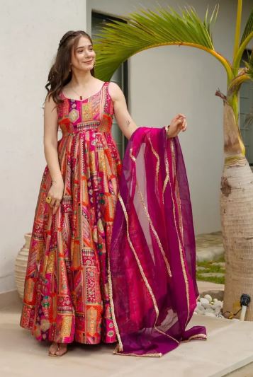 Vanya Pink Multicolor Jimmy Organza Silk Gown Set