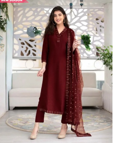 ZEEPKART V Neck Straight Kurta with Salwar & Dupatta