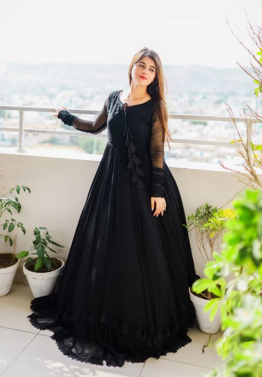 Solid Long Flair Double Layered Anarkali With Dupatta