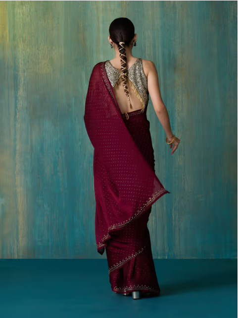 Wine Satin Solid Embellished and Sequined Saree with Unstitched Blouse