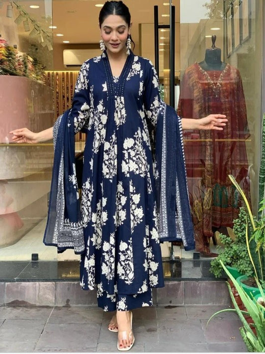 Floral Printed Mirror Work V-Neck A-Line Kurta With Palazzos And Dupatta