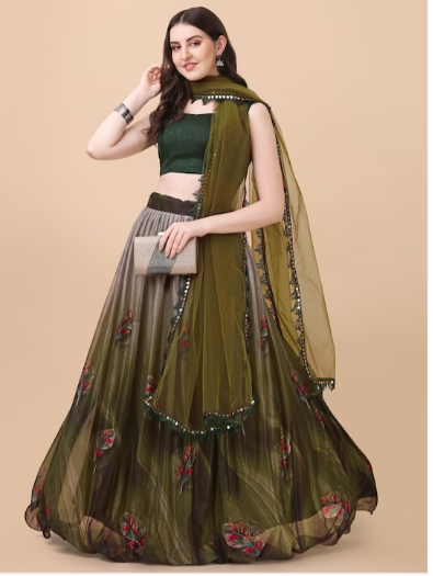 Amrutam Fab Olive Green & Black Semi-Stitched Lehenga & Unstitched Blouse With Dupatta