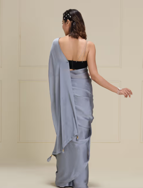 Grey Georgette Solid-Plain with Tassels Party Wear Saree with Unstitched Blouse