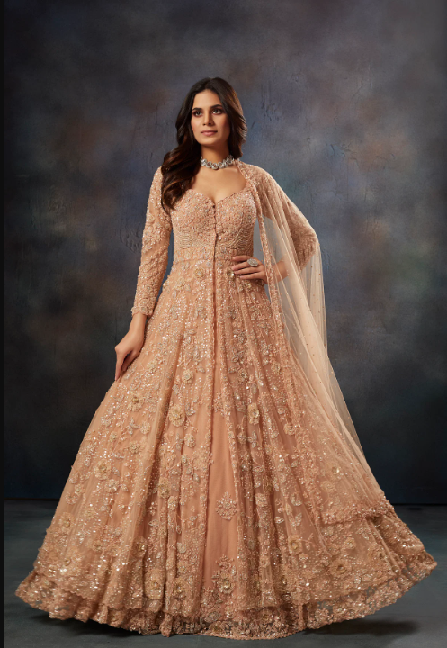 Peach Quartz Sequins Embroidered Net Jacket Lehenga