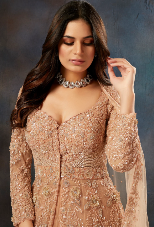 Peach Quartz Sequins Embroidered Net Jacket Lehenga