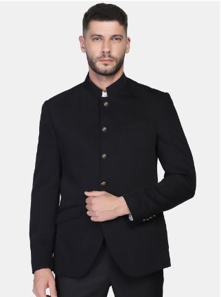 Swarn Two Piece Black Solid Achkan Set