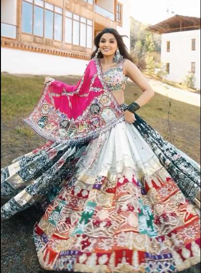 Raw Silk Designer Flared Lehenga with Mirror Work