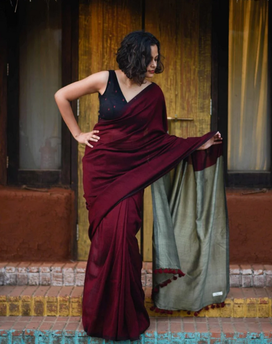 Maroon Acrylic Cotton Saree With Blouse Piece