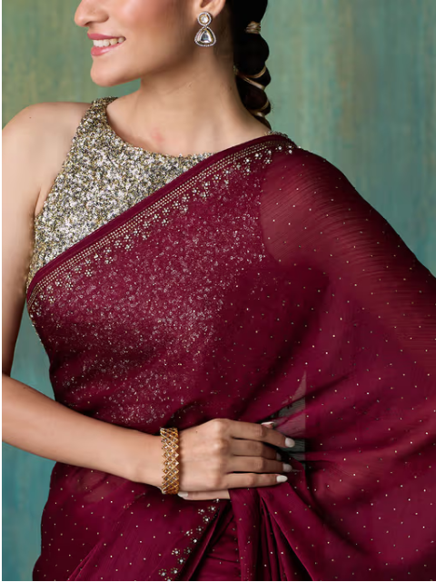 Wine Satin Solid Embellished and Sequined Saree with Unstitched Blouse