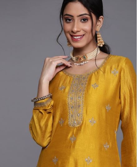 Women Yellow Embellished Silk Kurta