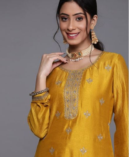 Women Yellow Embellished Silk Kurta