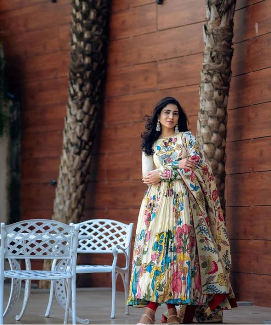 Innovative White Color Kalamkari Print Gown