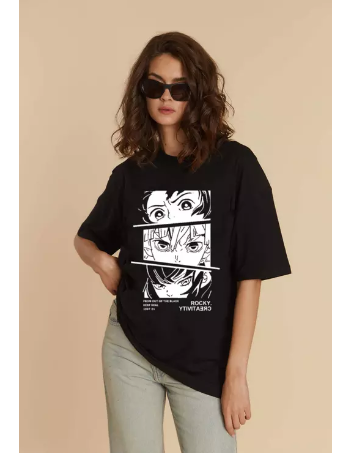 THALASI Anime Printed Oversized Couple T shirt for Men & Women - Black T shirt for Men & Women