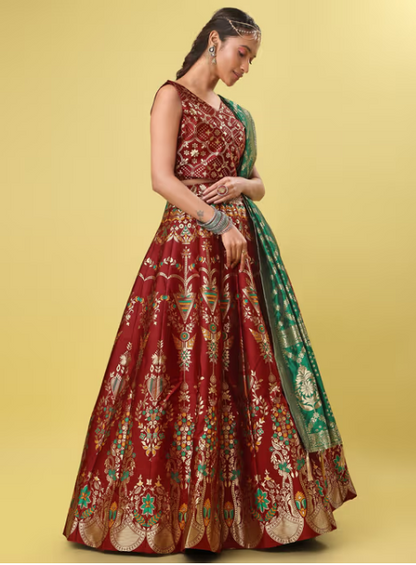 Jacquard Woven Design Stitched Lehenga & Unstitched Blouse with Dupatta - Maroon