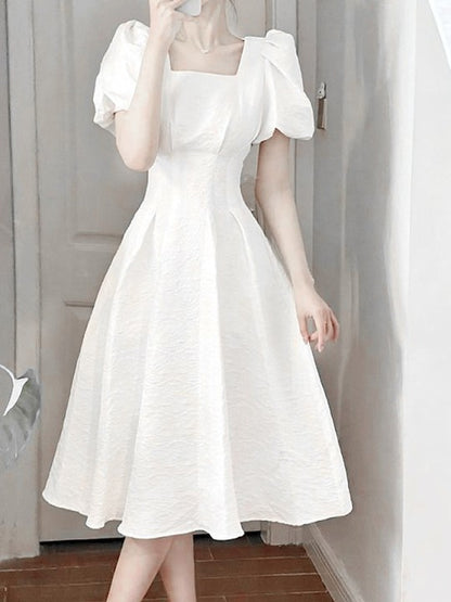 White Self Design Square Neck Puff Sleeves Fit & Flare Midi Dress