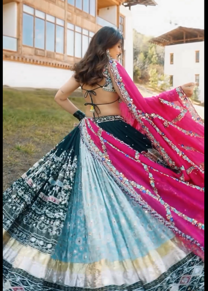 Raw Silk Designer Flared Lehenga with Mirror Work