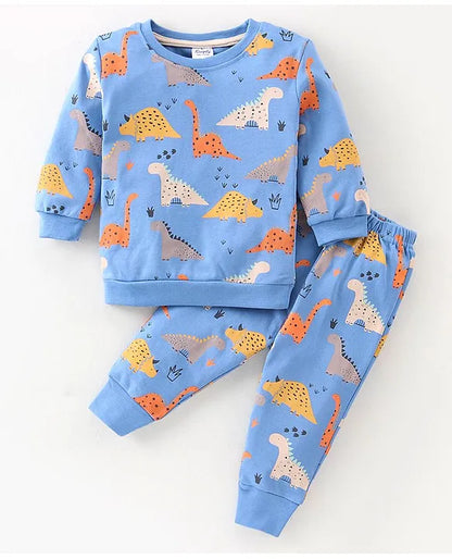 Interlock Full Sleeves Night Suit With Dino Print - Blue