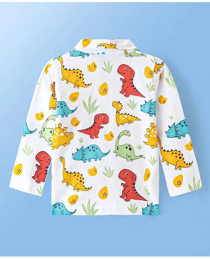 Cotton Knit Full Sleeves Dino Printed Night Suit -White