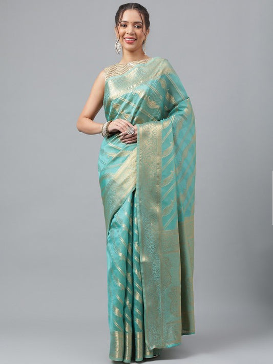 Ethnic Motif Woven Design Zari Organza Kanjeevaram Saree